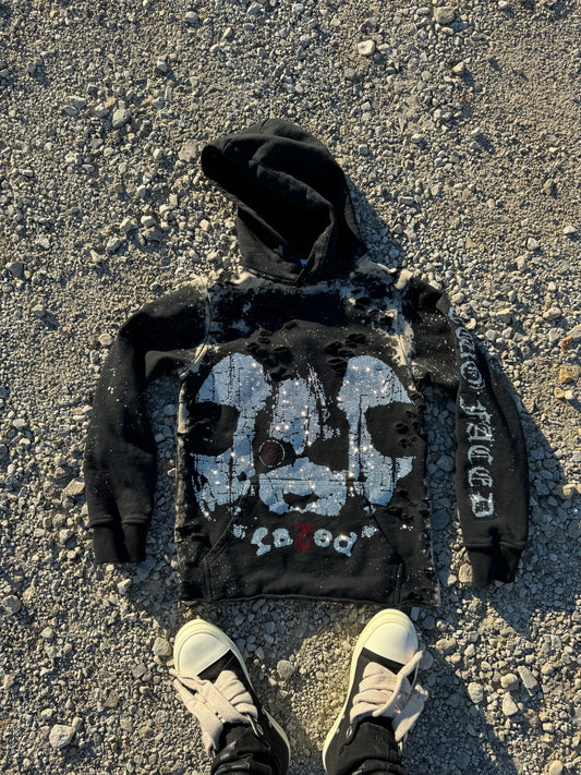 CUSTOM FA2ED EDGE CUT RHINESTONE HOODIE DISTRESSED (REDEYE 2)